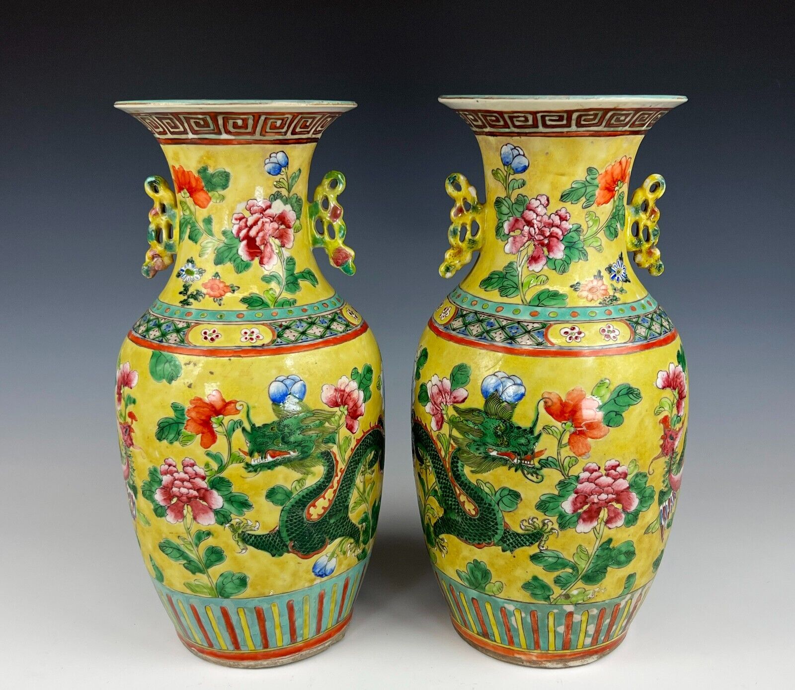 Pair Of Antique Chinese Yellow Ground Porcelain Vases With Dragon And Phoenix