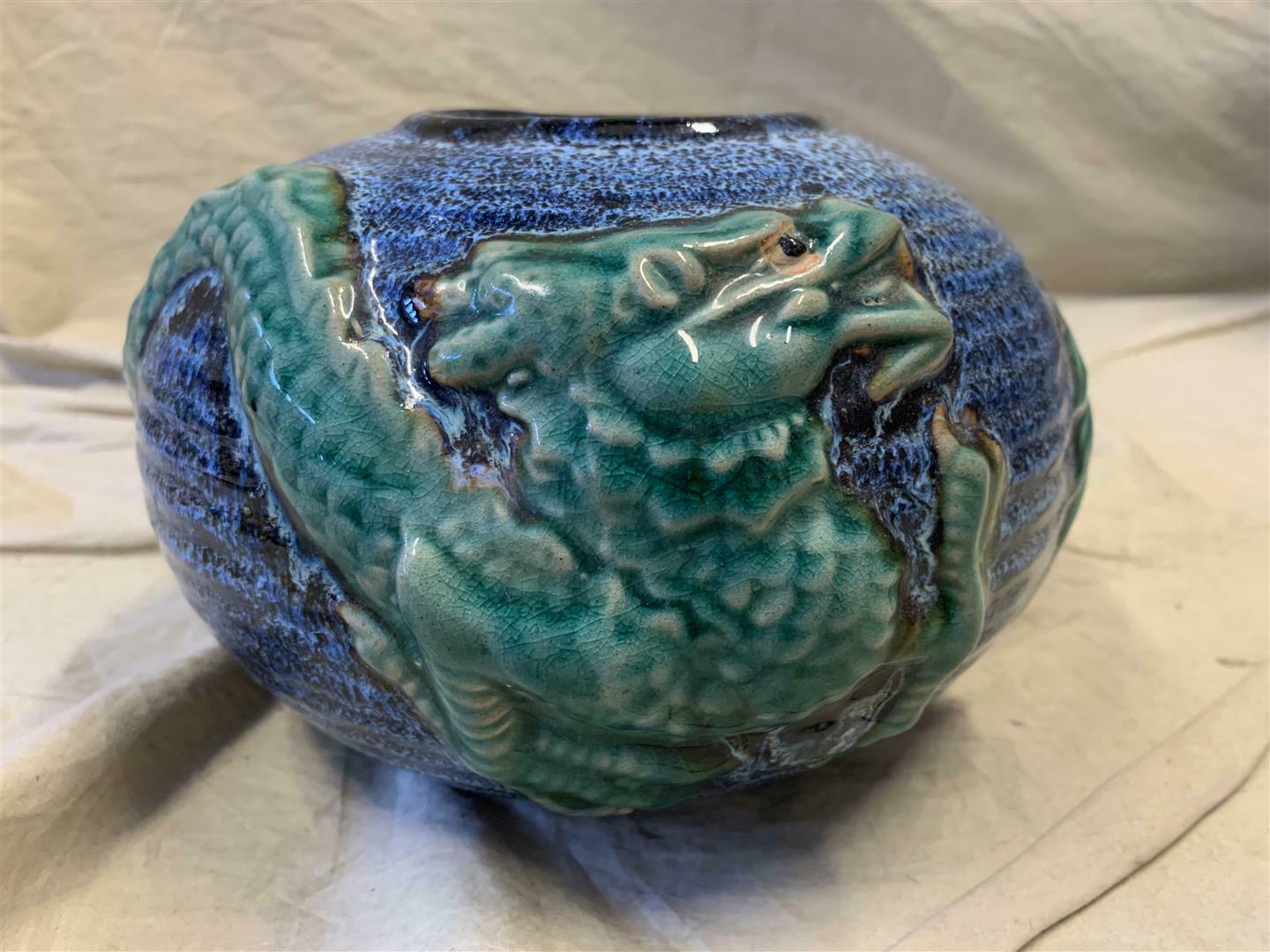 Vintage Pottery/ceramic Chinese Wrap-around Blue/green Dragon Vase 8" X 5"